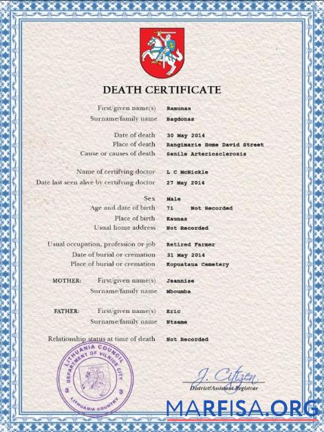 Blank Lithuania death certificate PSD template